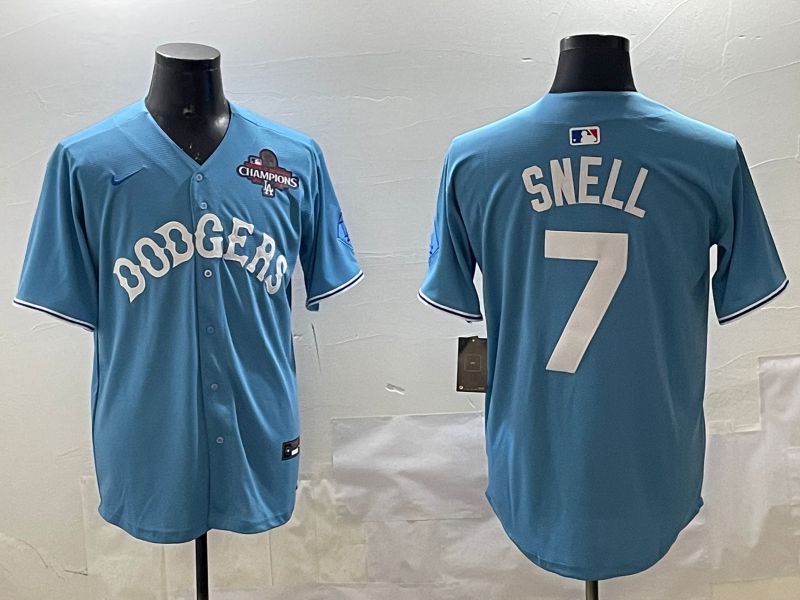 Men Los Angeles Dodgers #7 Snell Light Blue Joint Name 2025 Nike MLB Jersey style 4